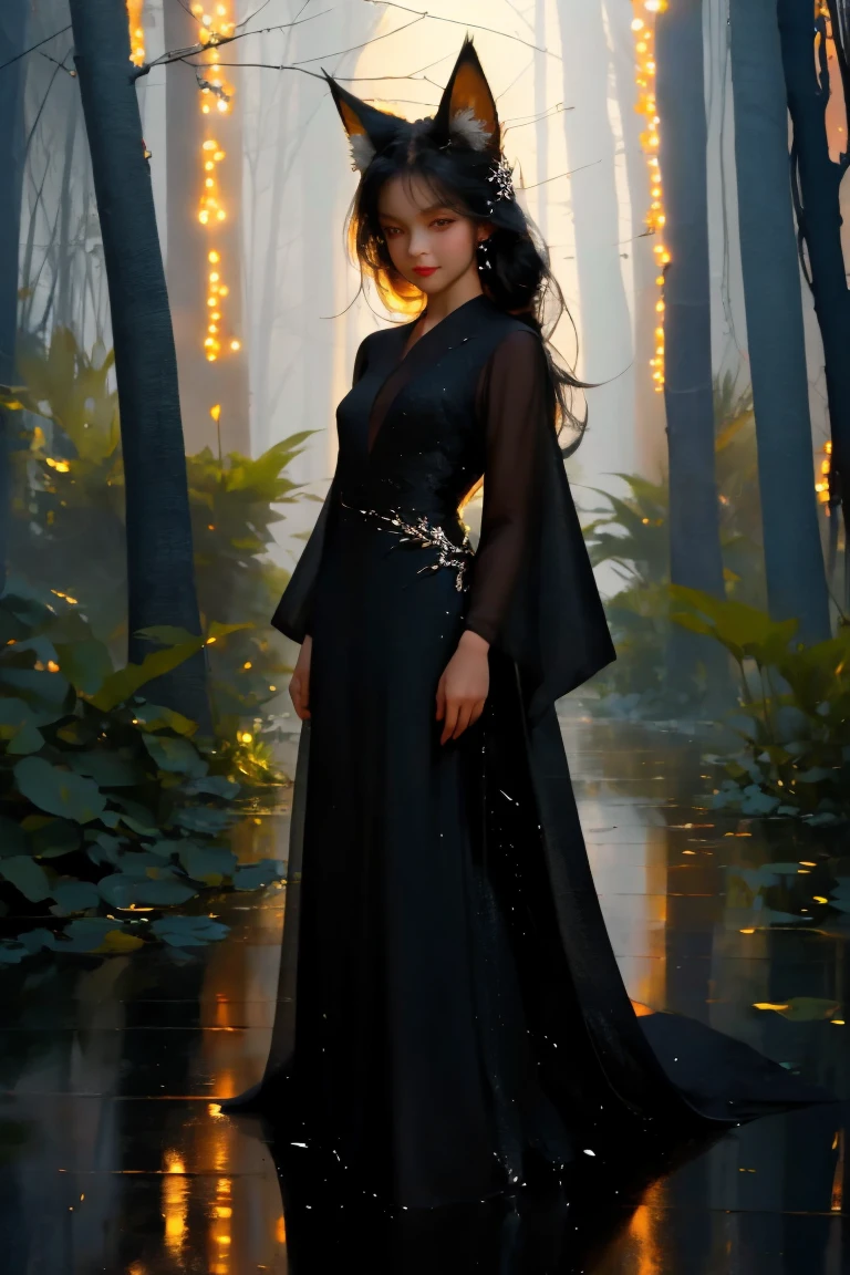 (​masterpiece:1.2), 4K, offcial art, textured skin, highly detailed, high details face, ​masterpiece, best quality, (Amazingly absurd:1.2), 1 Foxgirl, evil smirk, fox ears, long black hair, long black dress, standing, dynamic pose:1, looking down at viewer, glowing eyes, Fullbody , glowing dress, shining hair, Hair bow, black kneesocks, Soft colors, Kawaii, beautiful colors, (Rain:1), (Forest:1.5), (Night:2)