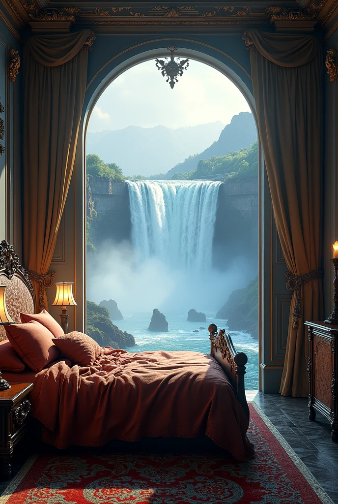 Riverside bedroom。A baroque bedroom with a dramatic view of Niagara Falls。Fantastic and mysterious scenery。bed。unmanned。