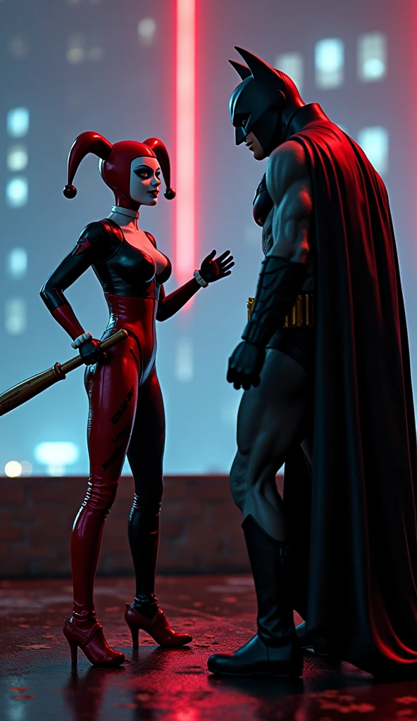 harley quinn, classic red and black batman suit, skintight suit, blush, tone body, athletic body, wide hips, rooftop, roof, white face, blue eyes, red lips, black harliquin mask, baseball bat, night time, red and blue lights shine on her, gotham at night background , she is fighting Batman, she is swining her bat. Batman 1989 keaton cotume