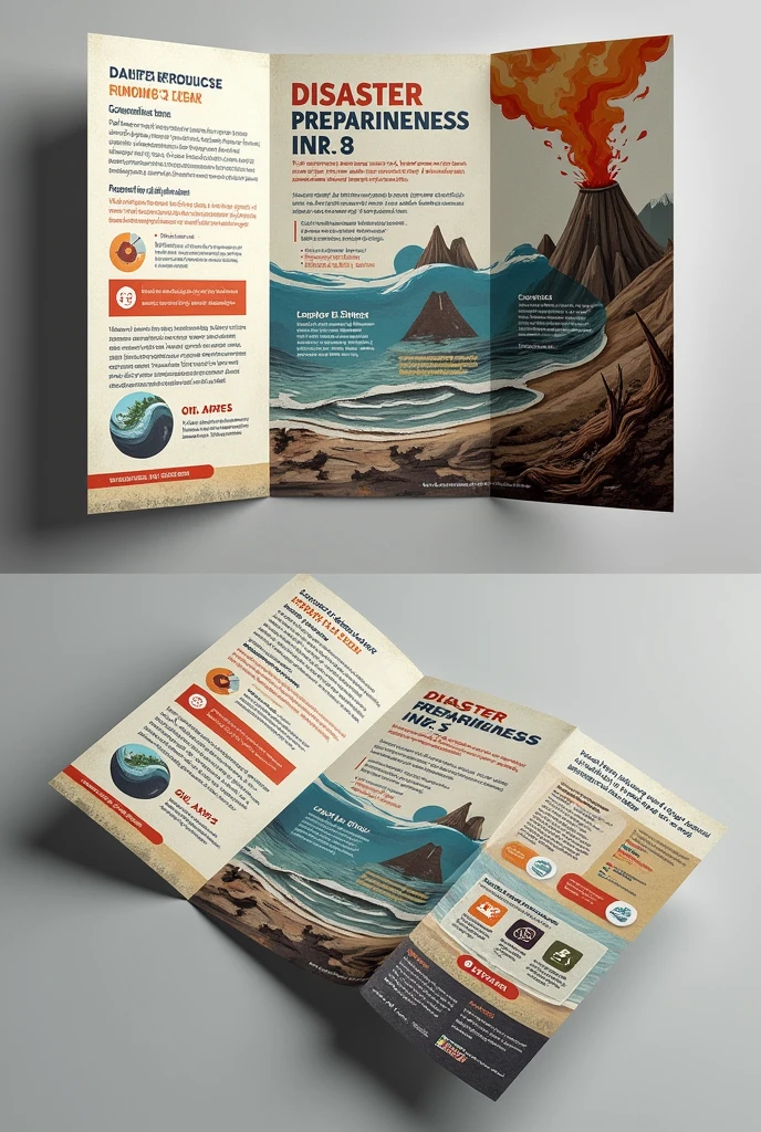 Bold, textured, illustrative 3TRI-FOLD brochure featuring detailed information on EARTHQUAKE(BUILDING COLLAPSING), tsunami, and volcanic eruption preparedness. The brochure includes sections on what to do before, during, and after each disaster, using eye-catching visuals and clear, concise text.