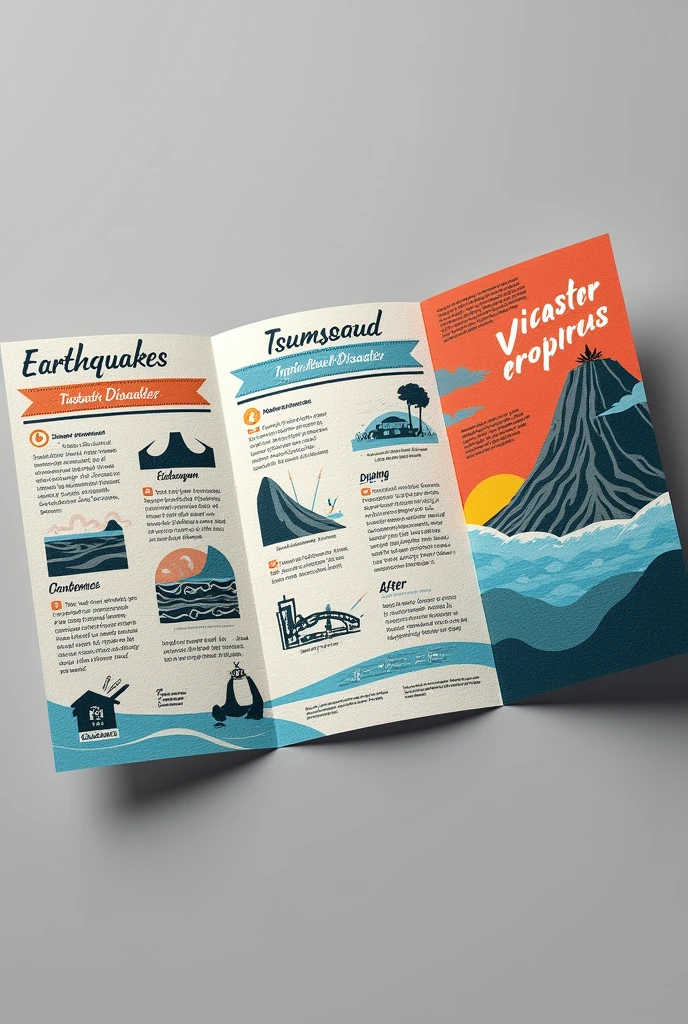 Bold, textured, illustrative 3TRI-FOLD brochure featuring detailed information on EARTHQUAKE(BUILDING COLLAPSING), tsunami, and volcanic eruption preparedness. The brochure includes sections on what to do before, during, and after each disaster, using eye-catching visuals and clear, concise text.