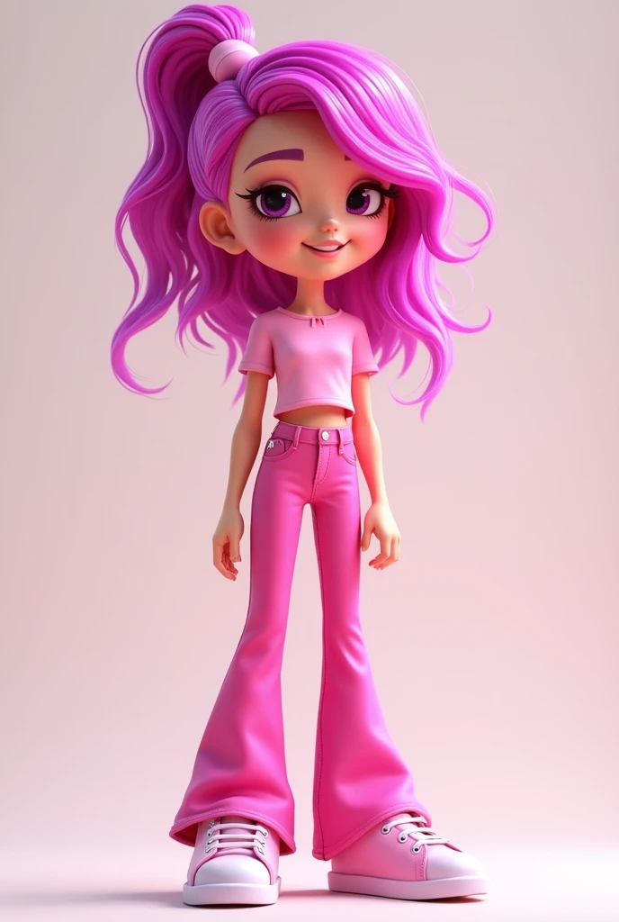 Girl in pink, fuchsia hair and eyes, with a pink top and flared pants and pink sneakers animated