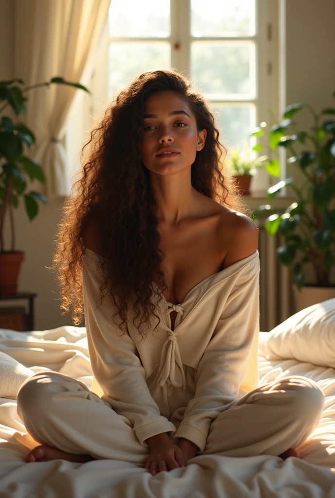 (photorealism:1.2), beautiful woman, sitting on bed, wearing loose off-shoulder top, pajama pants, long curly hair, indoors, soft lighting, plants in background, window with sunlight, cozy room, relaxed pose, realistic, intricate details, warm colors, by Greg Rutkowski, by Alphonse Mucha