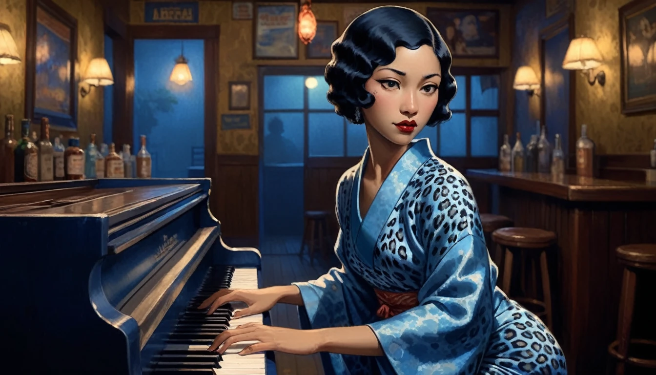Robert Johnson, Grainy, Alabama Bar, Blue, charisma , Leopard Skin Dress, figure, Black Fantasy, asian woman, sad ending, Pianist: A very beautiful woman in a kimono playing bluesy piano in a dingy blues bar in the American South in the 1930s.　American Bar Blues 　A dimly lit and lively bar　