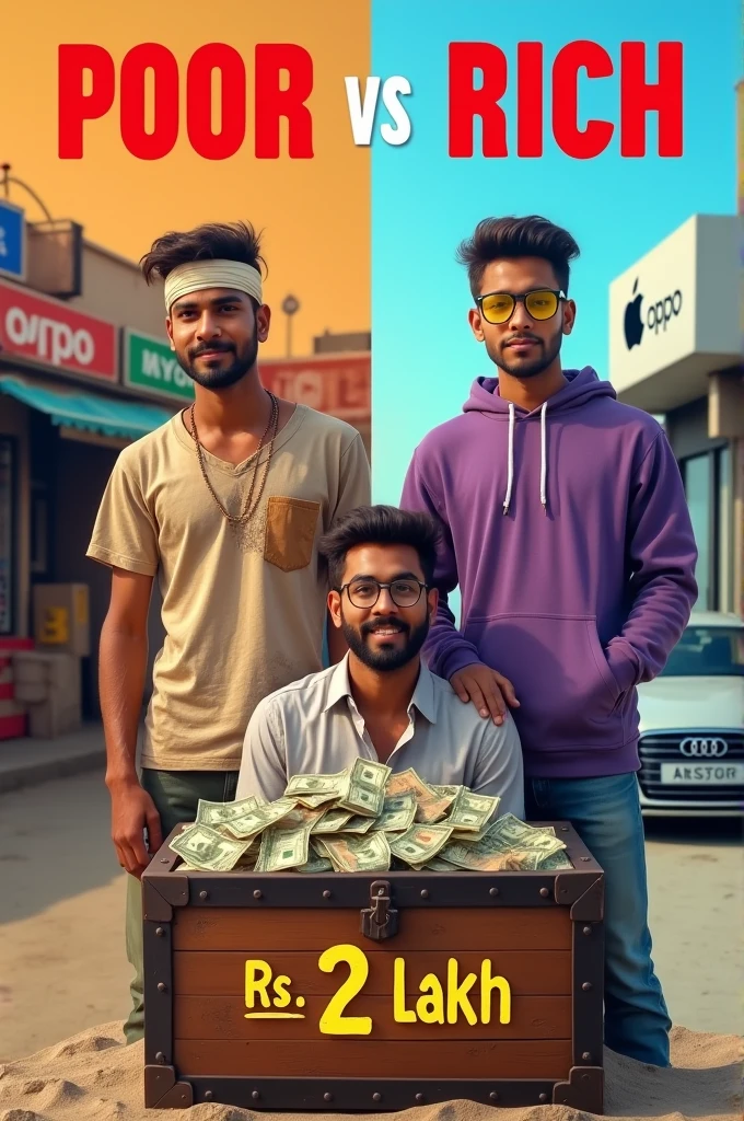 Create a contrasting thumbnail image that illustrates the difference between 'POOR' and 'RICH.' On the left side, depict a young man with a dirty face, wearing a torn shirt and a bandage around his head, standing in front of a small, cluttered shop with signs for Nokia and Oppo, with a warm orange background. The word 'POOR' is displayed in bold red text at the top left. On the right side, show a clean, well-dressed young man wearing yellow-tinted glasses and a purple hoodie, standing in front of a sleek Apple store with a luxury Audi car parked nearby, against a bright blue sky. The word 'RICH' is displayed in bold red text at the top right. In the center of the image, place a large chest overflowing with cash, labeled 'Rs. 2 Lakh' in bold yellow and red text. A smiling man with a neatly trimmed beard is positioned in the middle, appearing between the two contrasting sides, creating a striking and eye-catching visual." Make size YouTube thumbnail 