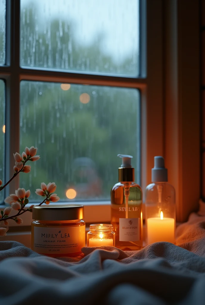 A cozy indoor scene with a dim  light, rain pouring outside the window, and your skincare products arranged aesthetically.