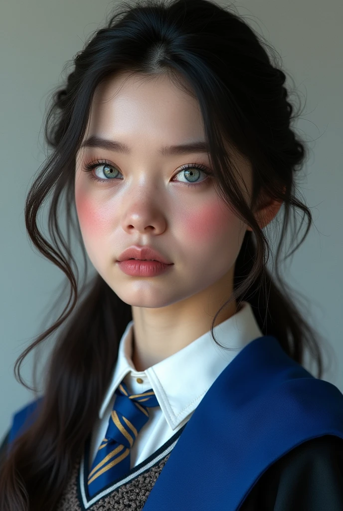 (photorealism:1.2), has a pink complexion, a diamond-shaped face, a trumpet-shaped nose, round blue-grey eyes, long, half-tied black hair, full lips and wears a ravenclaw uniform
SHE IS ENGLISH