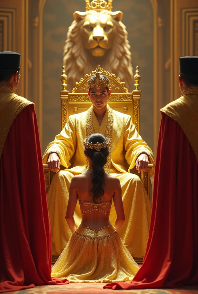Gold and silvered court room. Adventure. Prince in Golden royal clothes sitting on beautiful gold throne with lion statue behind it. Kneeling before him is a young negro lady in a golden tight body armour. She looks pulchritudinous. The prince holds a golden stick with gold jewelry on his hand and crown. All his ministers in red stand before the throne with black hats bowing