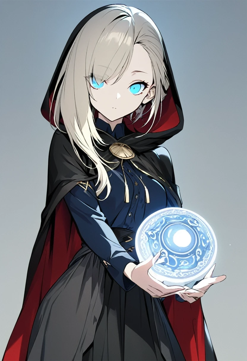 One girl, masterpiece, Highest quality, Beauty, Expressionless, Platinum Blonde, Asymmetrical hairstyle, Vertical eyes like a cat, Blue Sky Eyes , Cloak with hood, A long dark skirt, fortune teller, Up to the waist, Gray background, anime