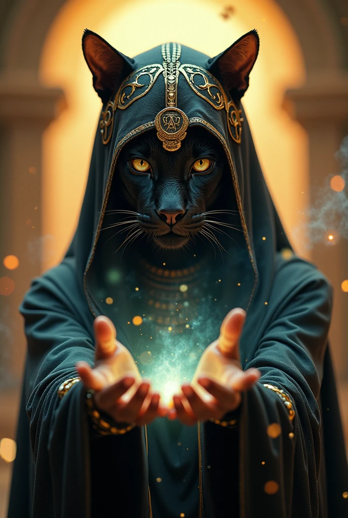 A beautiful detailed Egyptian sorceress, panther-faced, casting a spell towards the viewer, extremely detailed face and eyes, intricate headdress, dark flowing robes, mysterious magical aura, dramatic lighting, vivid colors, fantasy art, hyper-realistic, 8k, masterpiece