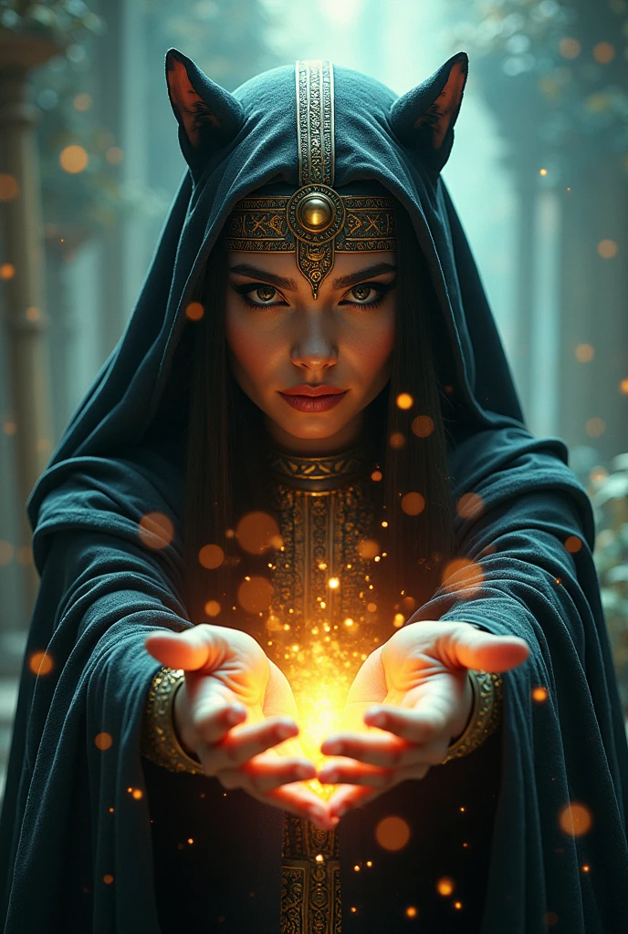 A beautiful detailed Egyptian sorceress, panther-faced, casting a spell towards the viewer, extremely detailed face and eyes, intricate headdress, dark flowing robes, mysterious magical aura, dramatic lighting, vivid colors, fantasy art, hyper-realistic, 8k, masterpiece