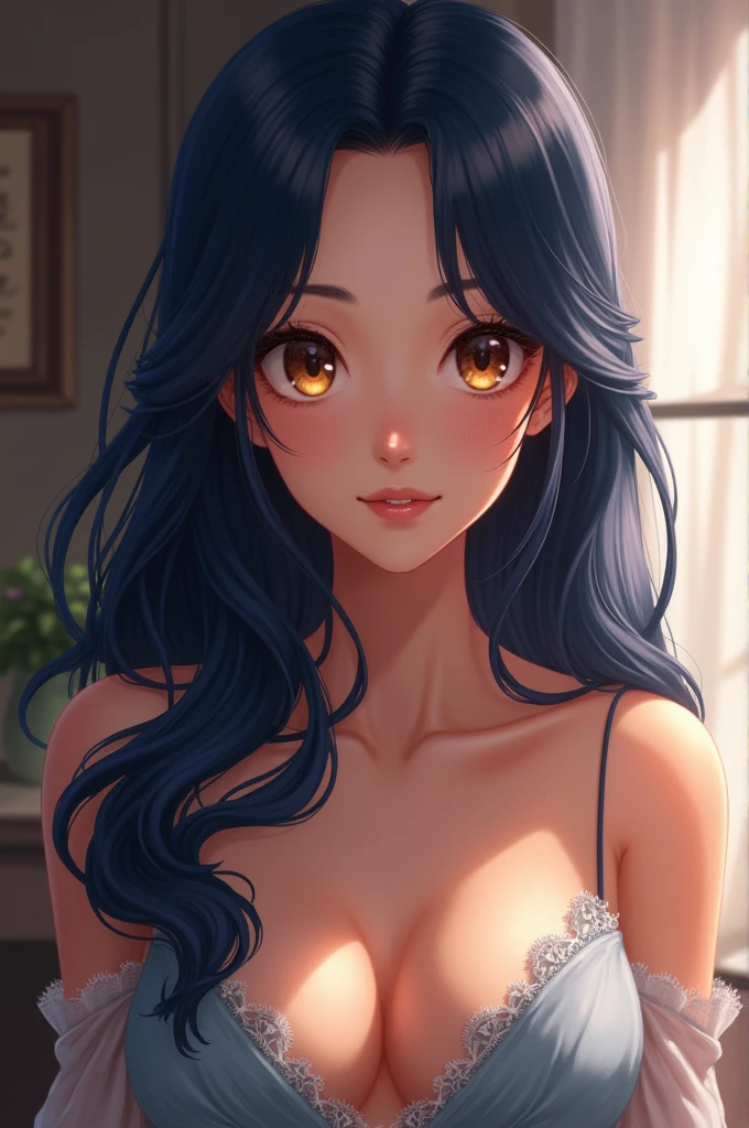 (masterpiece), best quality, mature girl, long dark blue hair, hazel eyes, forehead, E-cup bust, short dress, smile,, indoor