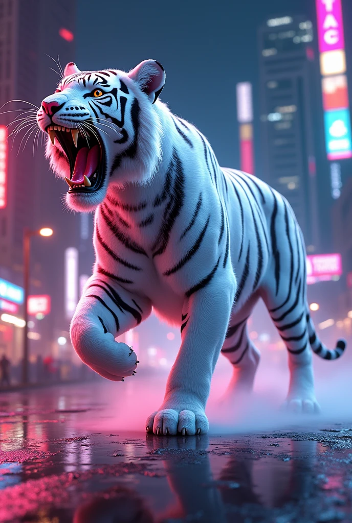 White tiger roaring in city neon lights