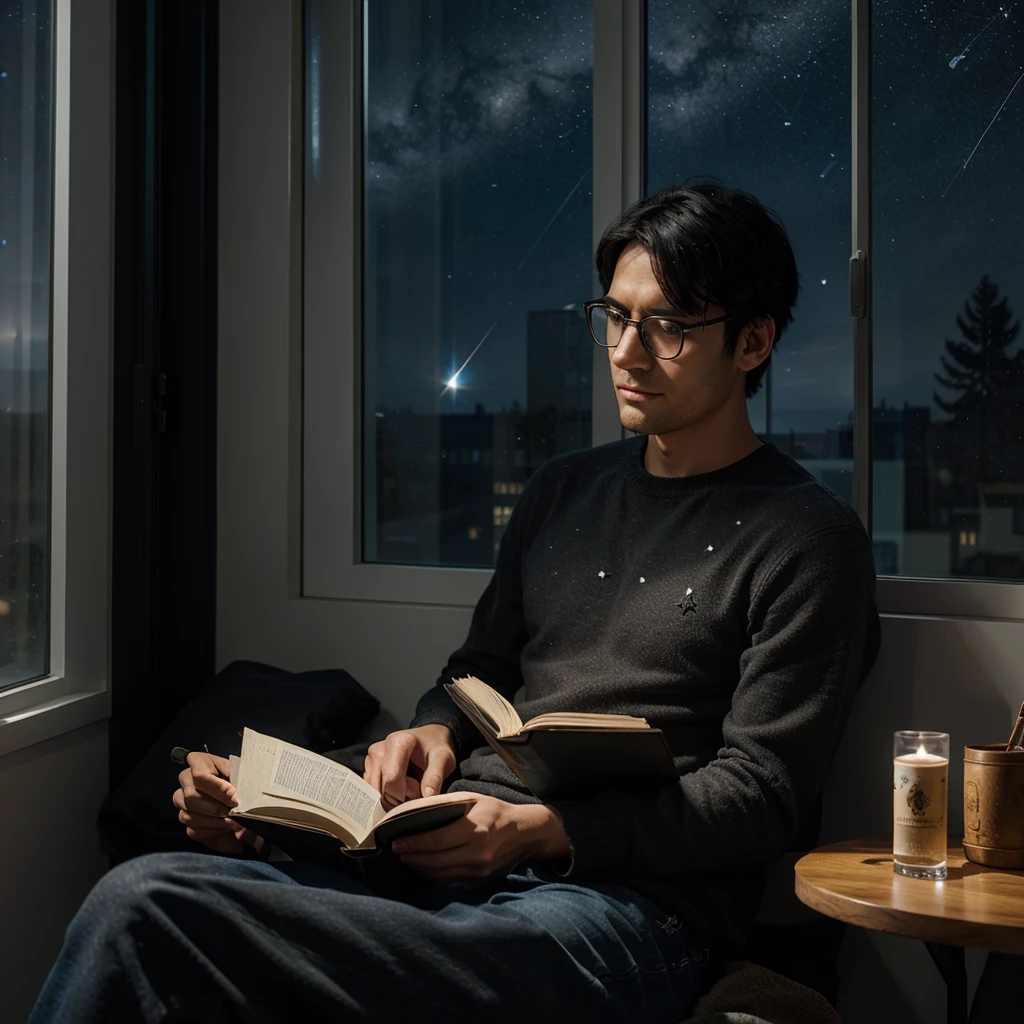 A black-haired man wearing glasses is sitting reading a book in a room near a window with stars in the sky.