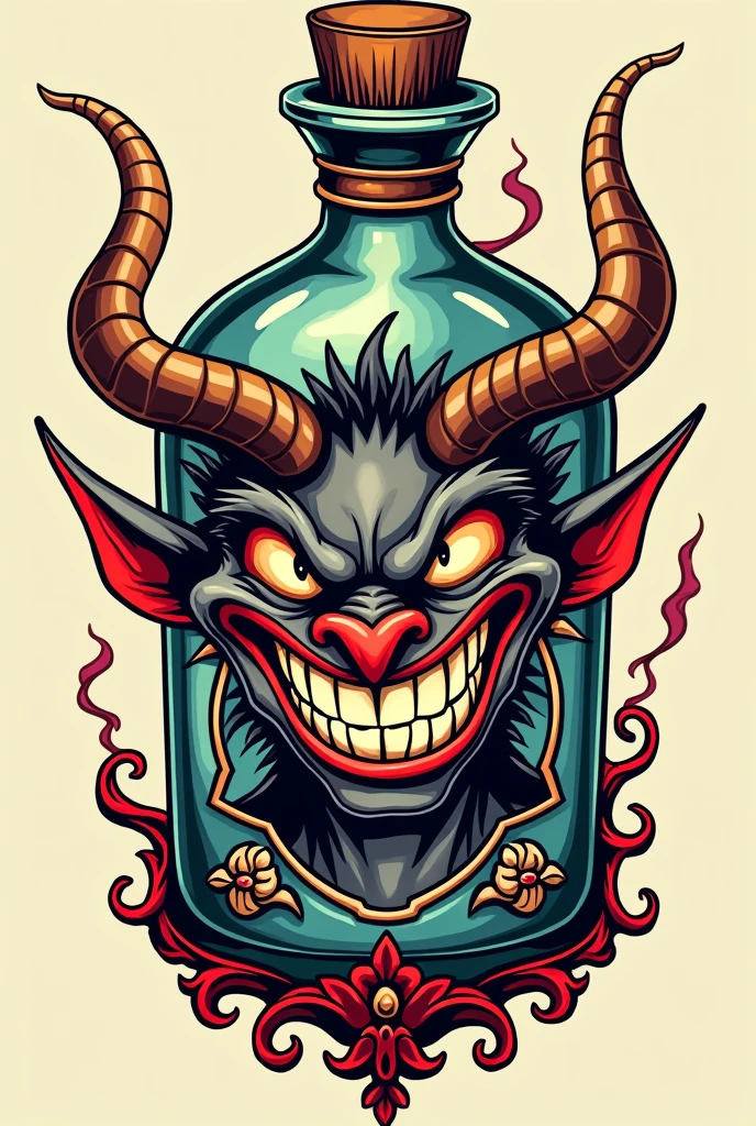 traditional tattoo design smiling demon trapped in bottle