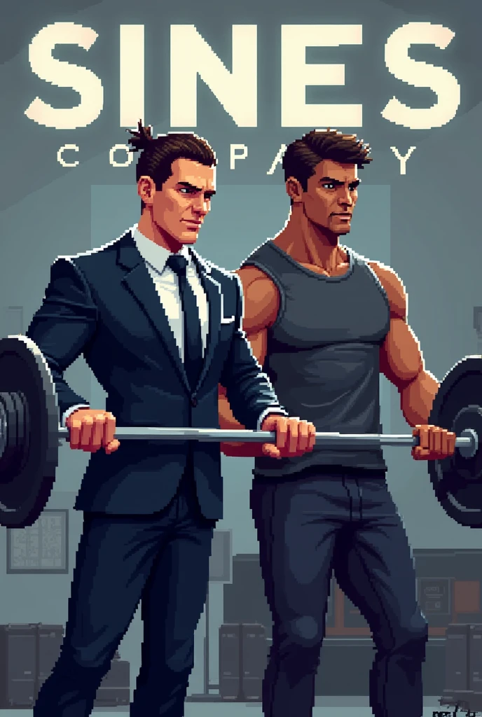 art all done in pixel art.
First Man: He is wearing a smart suit, Dark in color, such as black or navy blue, and her hair is tied in a bun. He is in a weightlifting pose, with tense muscles and a face showing great strength and effort. The facial expression is intense, with frowning eyes and slightly open mouth, highlighting physical effort.
Second Man: Next to the first, there is a second man with short pompadour hair, and a thinner face. He has a brown skin color and is also lifting weights., with an expression of concentration and determination. The topknot hair is drawn with details, as if it were well combed.
In the background of the image, is written "Shines Company" in large, visible letters. The text is designed to blend into the setting, with a shine or highlight effect, so that it stands out without distracting from the characters and the weightlifting action.
THE BACKGROUND IS SIMPLE, possibly with some gym equipment or a neutral pattern, to keep the focus on the men and the text. Lighting should highlight both characters and weights, with shadows to add depth and realism to the scene. the art all made in pixels