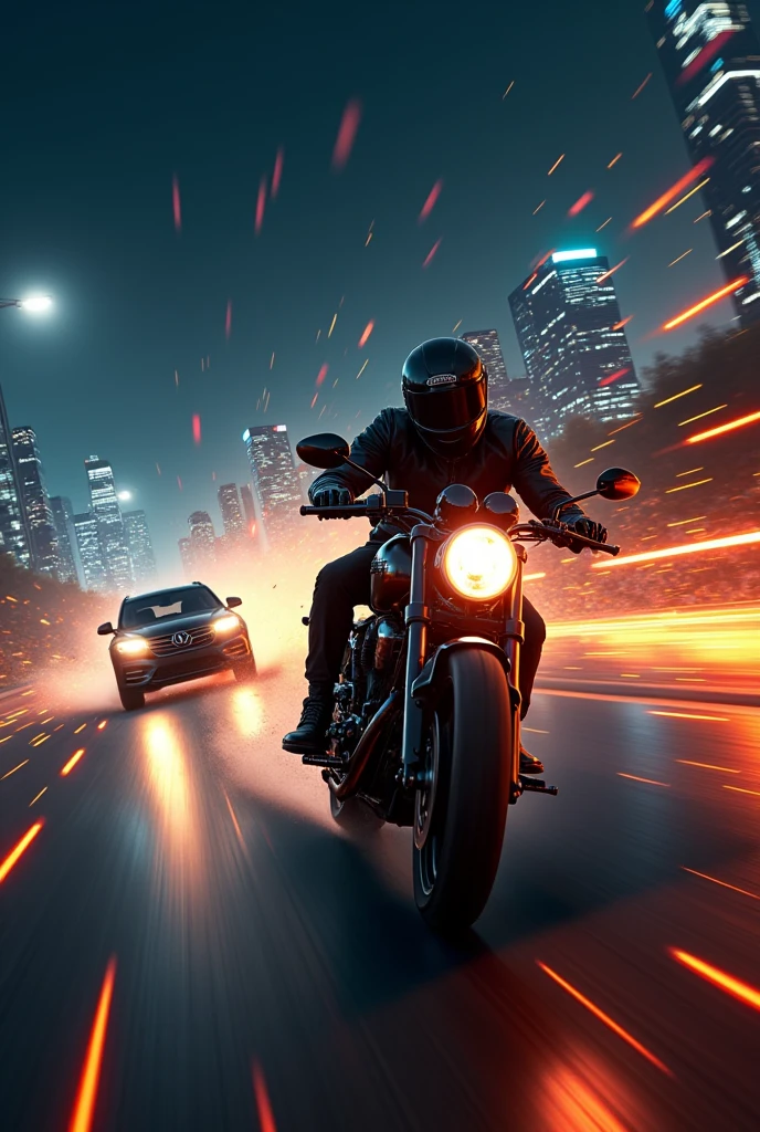 A thrilling high-speed chase on a highway at night. Jack rides a motorcycle, weaving through traffic as black SUVs pursue him. Sparks fly as bullets ricochet off the bike and the road. The scene is filled with motion and danger, with city lights blurring in the background.