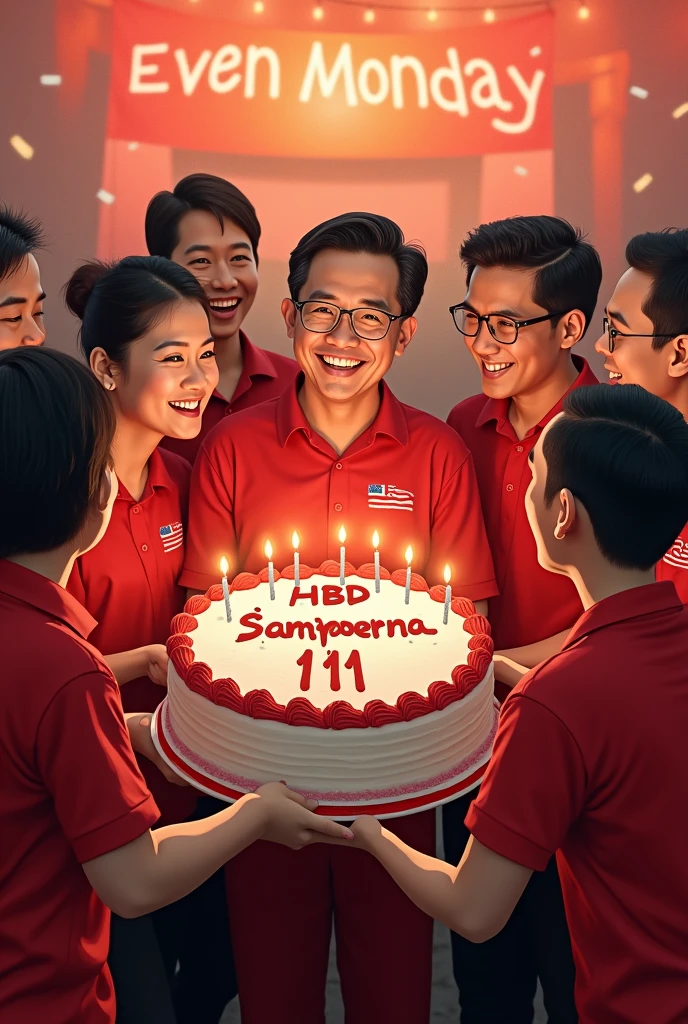 A group of people, in red, holding birthday cake, cake with the words HBD Sampoerna 111, banner background says Even Monday, HD quality details