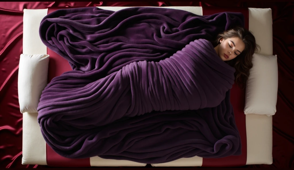 The picture depicts a woman lying on a luxurious mattress covered tightly with three luxurious dark red blankets, very thick, very soft, very soft and very heavy, lying on a very soft bed with red sheets. The person is covered completely from from head to toe so it looks like a cocoon and mummy, the position of the picture shows the whole body, only a small part of the face and hair are visible, showing white skin.