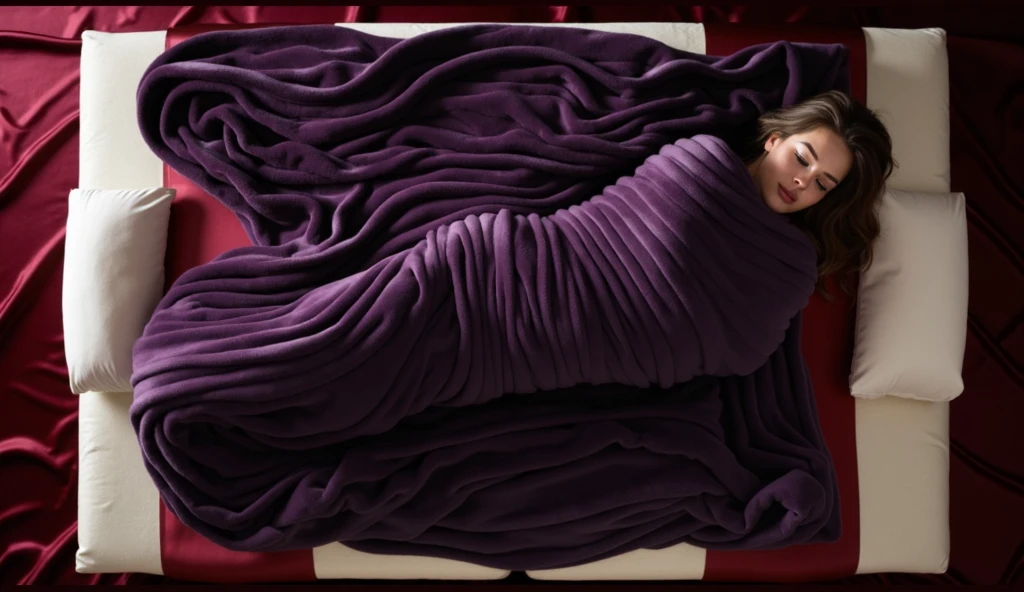 The picture depicts a woman lying on a luxurious mattress covered tightly with three luxurious dark red blankets, very thick, very soft, very soft and very heavy, lying on a very soft bed with red sheets. The person is covered completely from from head to toe so it looks like a cocoon and mummy, the position of the picture shows the whole body, only a small part of the face and hair are visible, showing white skin.