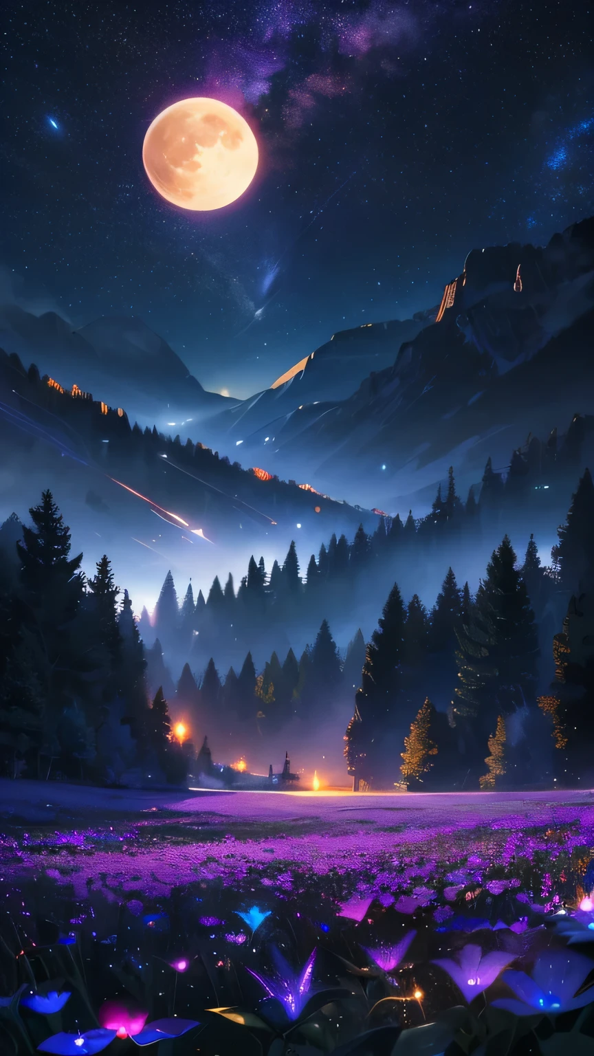 Expansive landscape photograph, (view from below with a view of the sky and the wilderness below), standing in a flower field looking up, (full moon: 1.2), (shooting star: 0.9), (nebula: 1.3), distant mountain, tree break production art, (warm light source: 1.2), (firefly: 1.2), lamp, purple and orange, intricate detail, volume lighting BREAK (masterpiece: 1.2), (highest quality ), 4k, ultra-detailed, (dynamic configuration: 1.4), highly detailed and colorful details (iridescent: 1.2), (sparkling lighting, atmospheric lighting), dreamy, magical, (solo: 1.2)