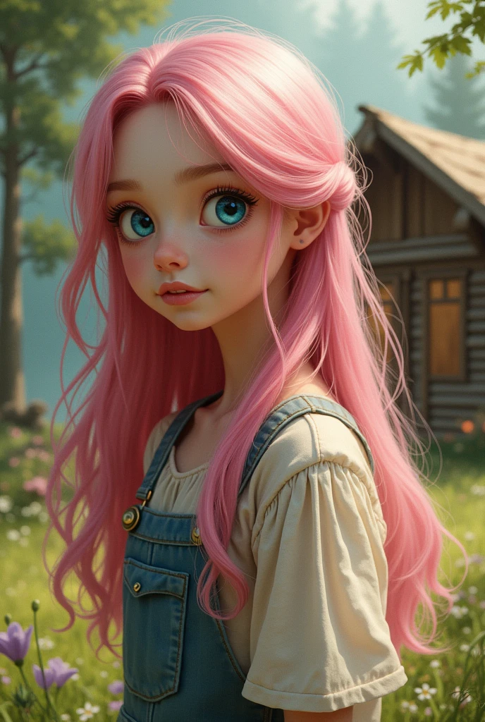Girl with long pink hair and blue eyes with a cabin in the background