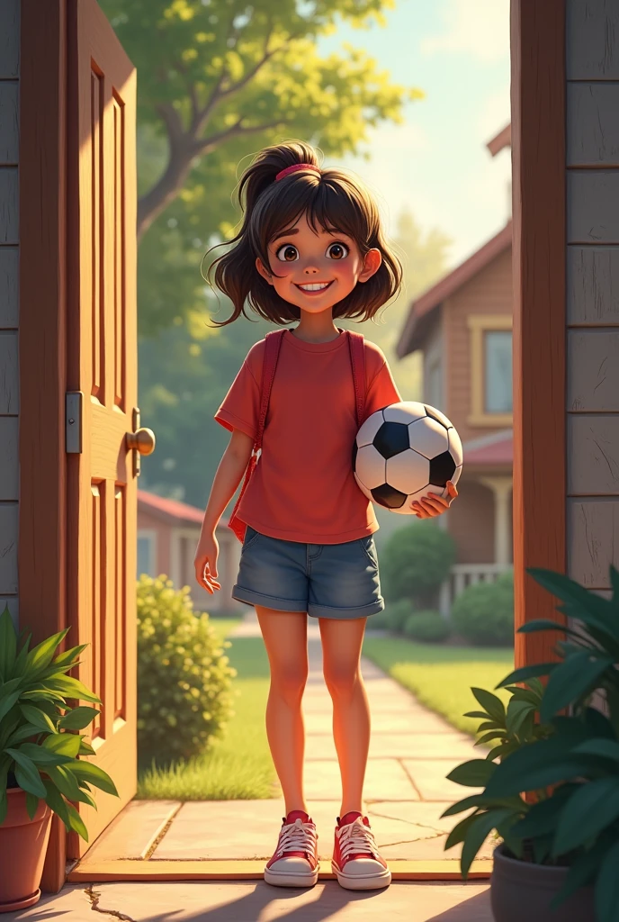 Viñeta 2: The Invitation
(Image: Sara enters Alex's house, with a soccer ball in his hand and a smile.)
Dialogue:
Sara: "Hello, Alex! What are you doing? Let's go to the sports club! It is fun."