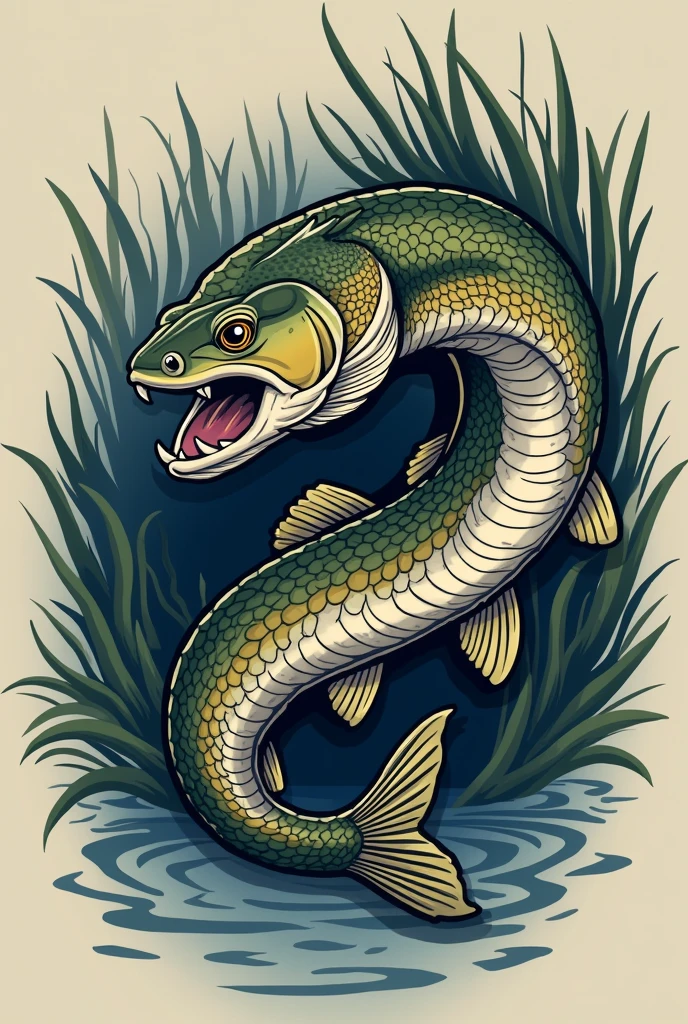 Fishing logo including snake head and perch
