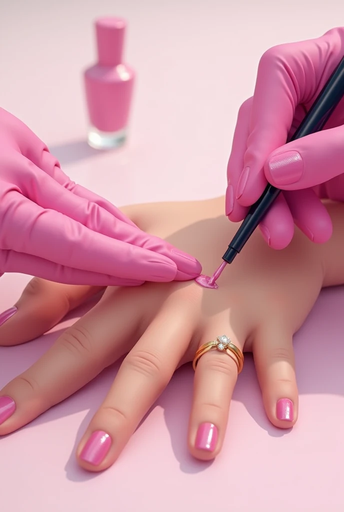 2D image of a hand with the nail on one of its fingers being painted, In the image I only want to show the hand that is being made up and the hand that is doing the make up, which will be wearing pink gloves., only two hands appear