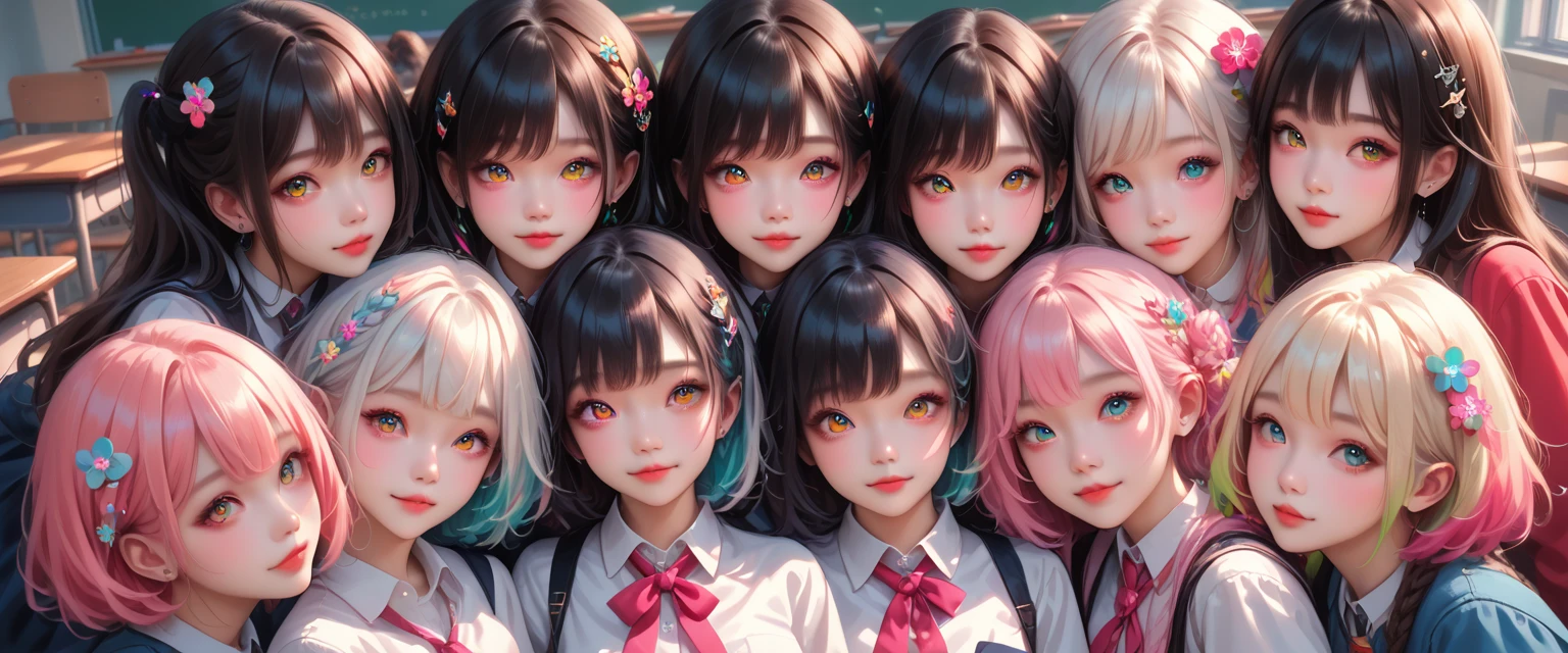 nsfw,score_9, score_8_up, score_7_up, high res image,masterpiece,best quality,girl,cute face,clear skin,shiny hair,ultra detailed eyes,flower hairpin,(6+girls:1.5),face close-up,cute,necklace,classroom,sitting together,(colorful:1.6),