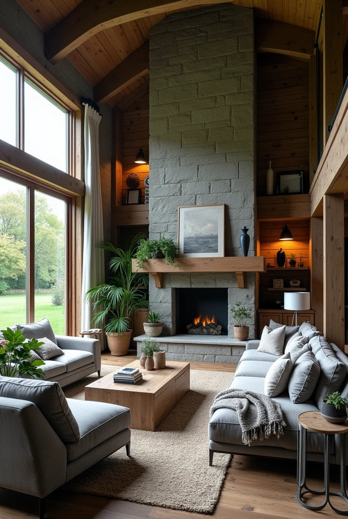 Make a old barn house living room with a gray theme lots of windows and plants