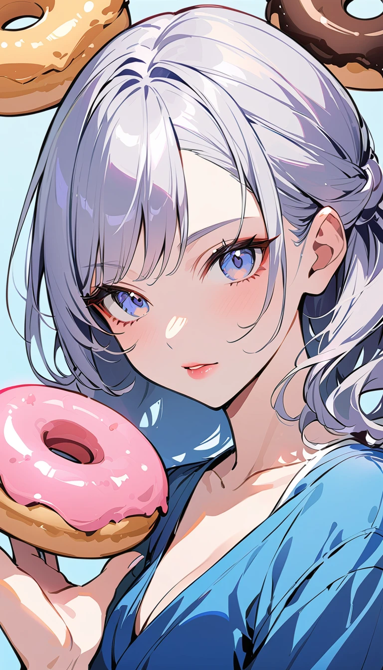 (masterpiece、Highest quality: 1.2)、1 girl、、Anime Style、Gray Hair、Pink Lips、E-Wave Hair、Gnawing on donuts、In the style of famous portrait painters、Light Blue Background。