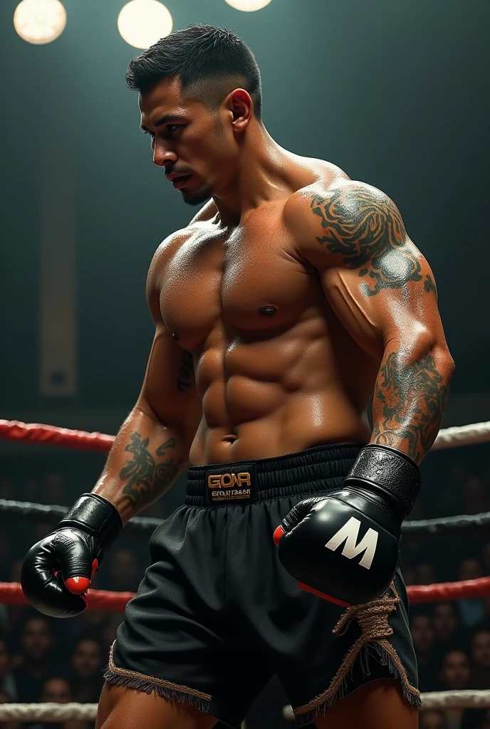 Imagine mexican muay thai kickboxer wearing black tank top and muay thai short shorts fighting