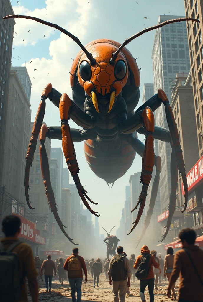 Spawns a giant ant destroying the city with its steps while people flee from it