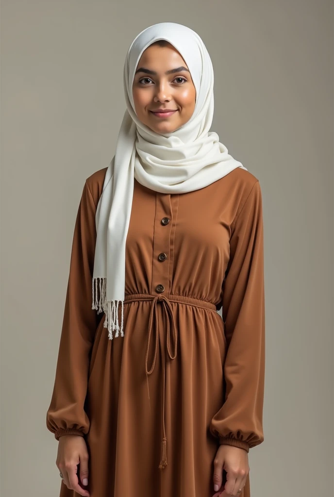 White Arab girl wearing hijab showing her big round ass and her fit body wearing a brown dress