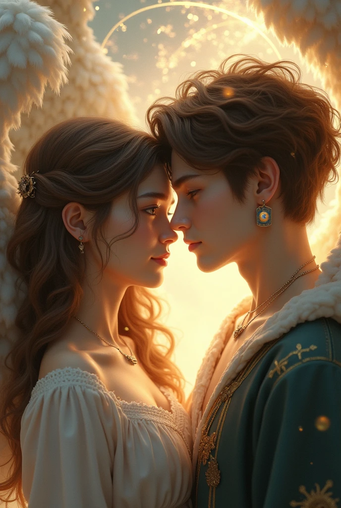 two twins, one with brown eyes, long brown hair and light skin, she is an archangel and the other one with brown eyes, short brown hair and light skin, he is a witch