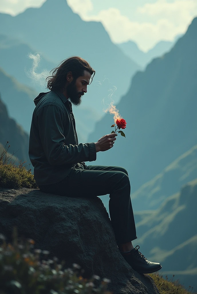 A young man sitting alone on a rock in the middle of the mountains with a cigarette in his hand and smoke coming out of his mouth and holding a rose in one hand with long hair and beard and a very emotional face Rose burning