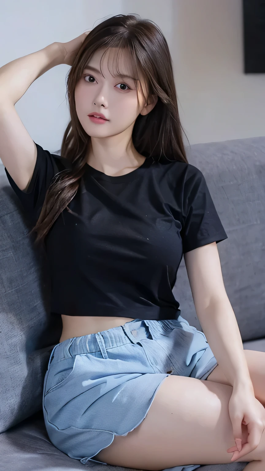 Highest quality、Ultra-high resolution、1 person、Black-haired、Long's、Tight T-shirt、Blue shorts、Close-up