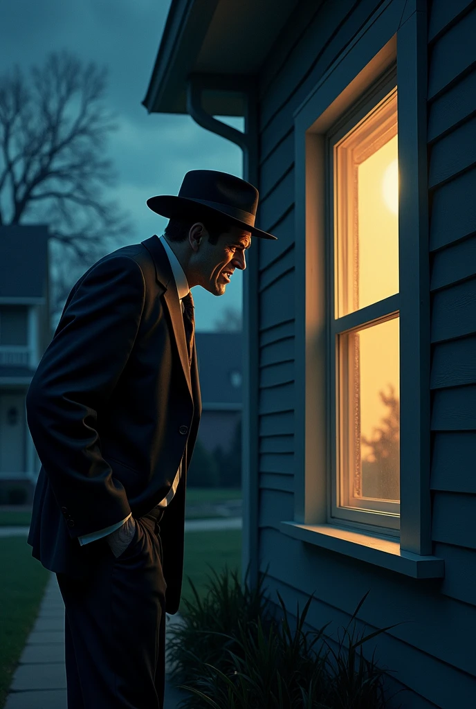 A weird man wears suits and hat  looking angryly the house by window from outside* of the house at night 