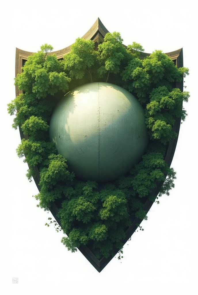 A shield with a ball in the center and trees around the ball and the background is white but the trees do not come out of the shield and the trees are green.