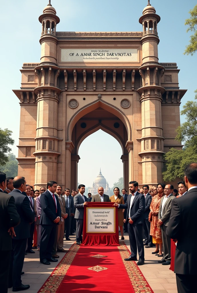 Renaming the Gate**: A ceremony taking place at the Akbar Darwaza, with officials unveiling a new sign reading "Amar Singh Darwaza."