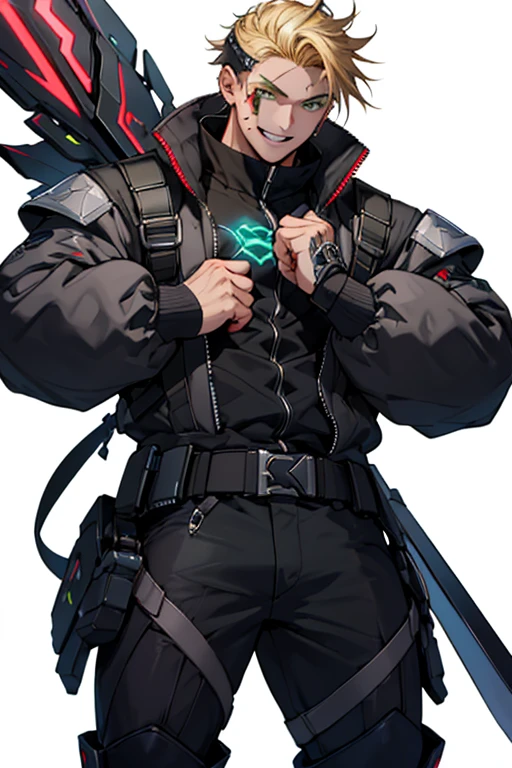 brown、male、Blonde、Green Eyes、Mambang Hair、Exoskeleton、cyber punk、Height 180cm、halberd、Cross scar on left cheek、Cheerful、Broken Uniforms
