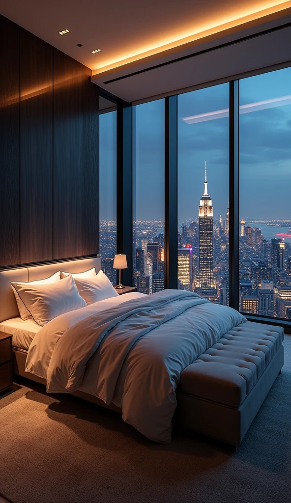 "A sleek, modern bedroom in a high-rise penthouse overlooking a glittering cityscape at night. The room features minimalist design with cutting-edge technology, floor-to-ceiling windows, and plush, contemporary furnishings. The atmosphere is filled with an aura of luxury, reflecting the success of a life built in the fast lane."