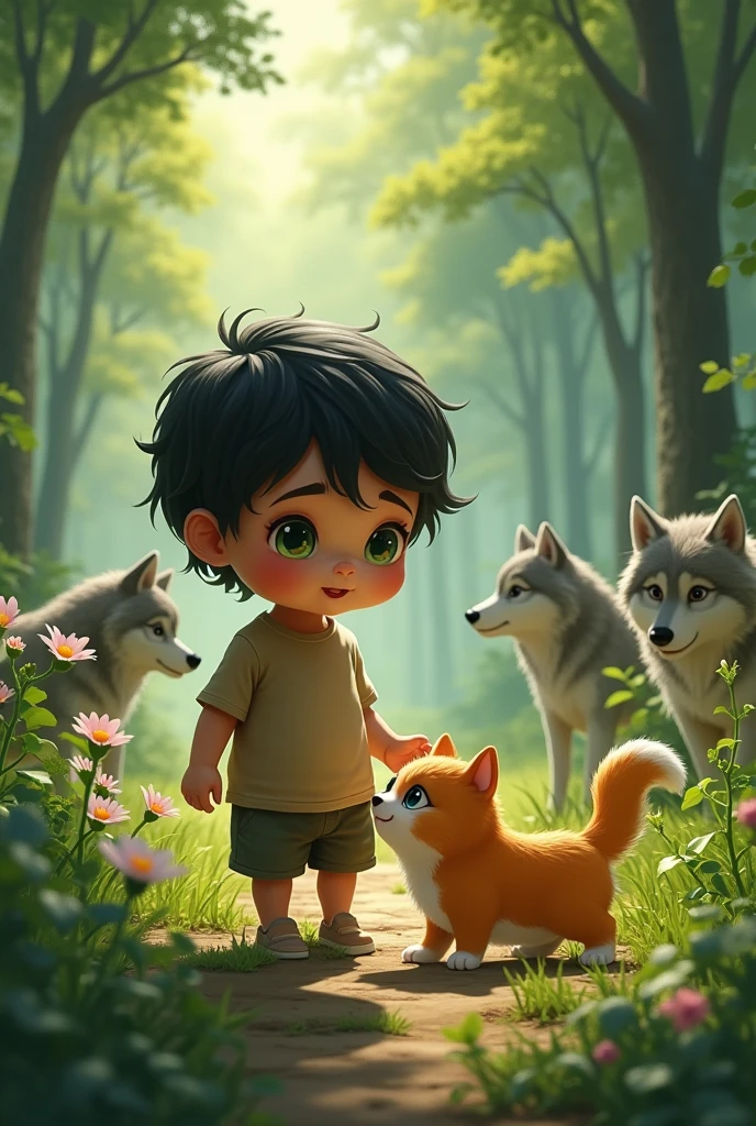 Small strong chubby tall child with short black wavy hair tanned skin bright green eyes in simple clothes serene appearance playing with a cat in the beautiful forest with wolves 