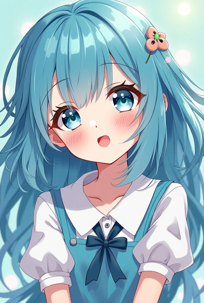 recreate the anime girl in Nova AI's ad, the one with cyan hair and make 10 pictures with different backgrounds, poses, clothes and expressions of the girl, make her cute and very detailed