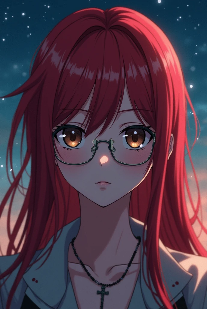 An anime girl with long red hair, wearing glasses on a starless night, she has a rosary around her neck , brown eyes and a serious face, full HD, HD , 4K