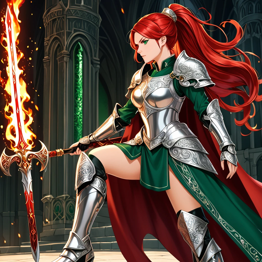 “A fierce warrior princess with fiery red hair tied into a high ponytail, wearing a suit of ornate, silver armor with intricate engravings, a flowing crimson cape, and a pair of sturdy, knee-high leather boots; her emerald green eyes shine with determination, and she wields a gleaming sword with a jeweled hilt.”