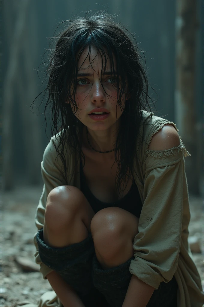 Image of the woman with disheveled hair and torn clothing, weeping.