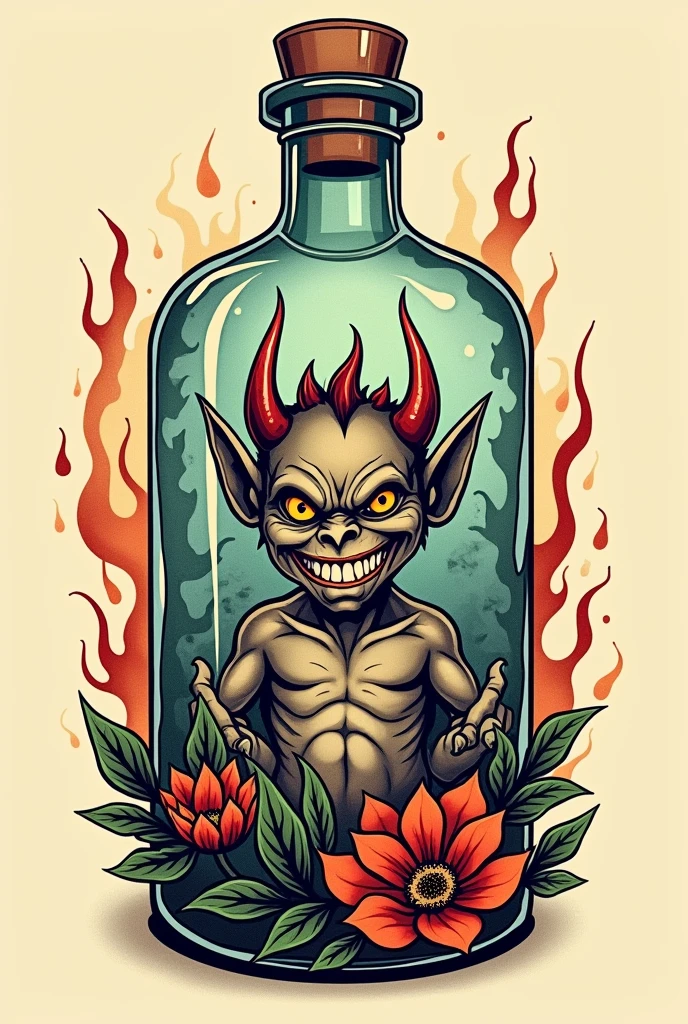 traditional tattoo design full body smiling demon trapped in bottle 