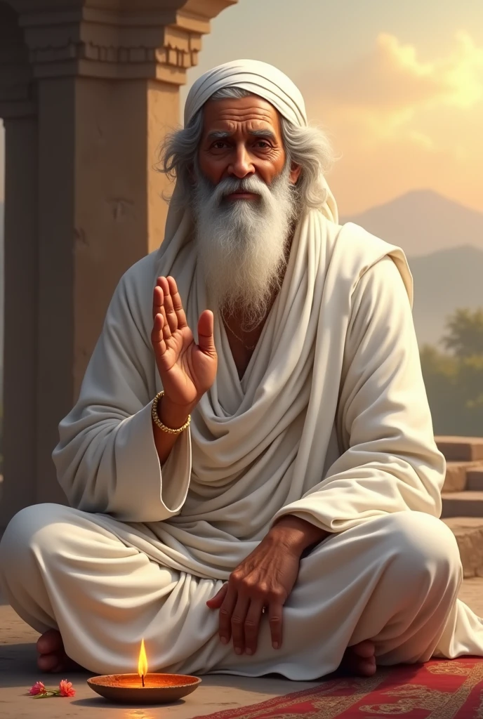 Create an ultra-realistic and highly detailed portrayal of Lord Sai Baba, a revered spiritual figure from Shirdi. He should be depicted seated on a simple stone or wooden platform, cross-legged, in a traditional and peaceful pose. Sai Baba is dressed in a plain white kafni (robe) with a white cloth tied around his head as a bandana, leaving his forehead and gentle facial features clearly visible. His face should reflect wisdom, serenity, and kindness, with deep, compassionate eyes that convey a sense of inner peace and spiritual depth. His beard and mustache are well-groomed, with fine details showing the texture of his hair.His right hand should be raised in the Abhaya Mudra (gesture of blessing and protection), while his left hand rests gently on his knee. Pay close attention to the fine lines and wrinkles on his face and hands, symbolizing his life of spiritual service and wisdom.The background should be subtle but evocative, perhaps featuring the simple architecture of the Shirdi temple or a natural setting like a quiet garden or a distant mountain range, with soft, warm lighting that creates an aura around Sai Baba, highlighting his divine presence. Add subtle elements like incense smoke curling in the background, flowers, or a diya (oil lamp) to enhance the spiritual ambiance. The overall color palette should include earthy tones with soft lighting that accentuates the details of his attire and the serene expression on his face.